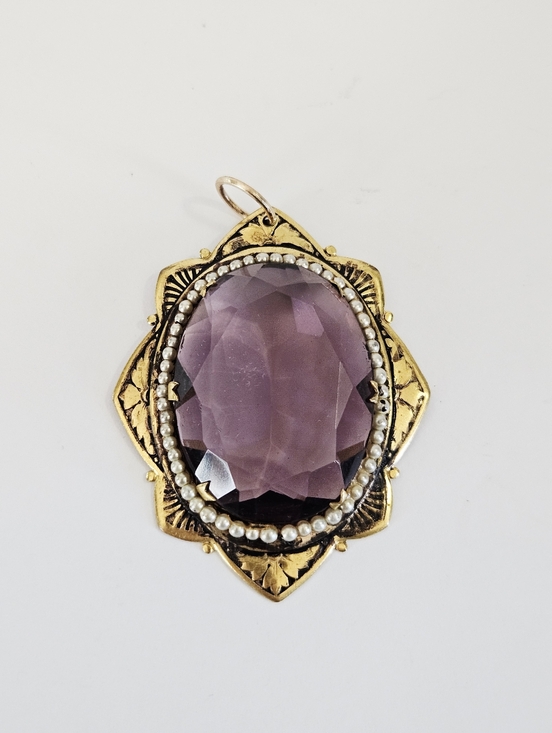 Antique Jewelry - Antique Victorian Edwardian Brass Seed Pearl Enamel Pendant Converted Brooch